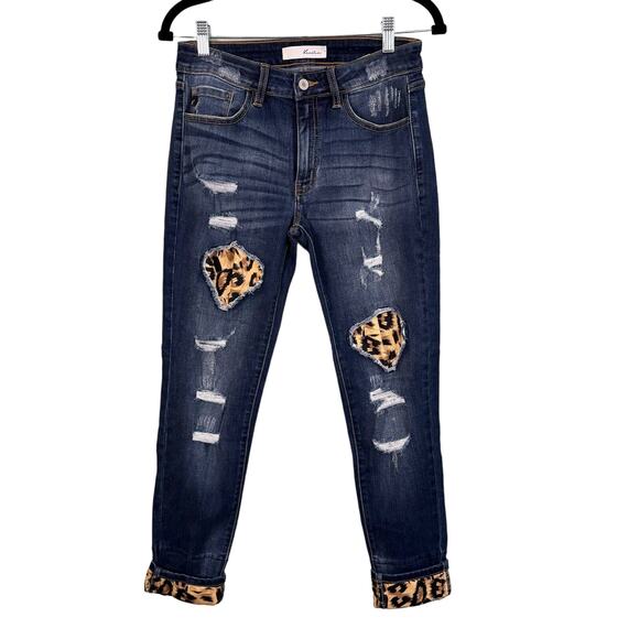 Kan Can Denim - KANCAN Denim Jeans Womens 9/28 Leopard Patch Cuffed Mid Rise Ripped Skinny Blue
